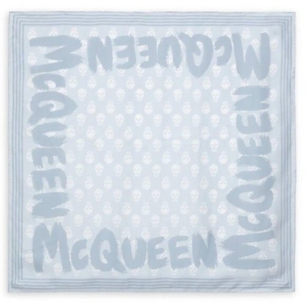Alexander McQueen Light Blue Silk Skull Print Square Scarf Logo Border